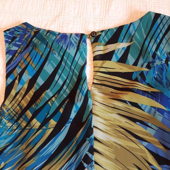 EnFocus Studio Dress Size 4 Palm Leaves Sleeveless Blues Tan Green Lightweight - Picture 4 of 10